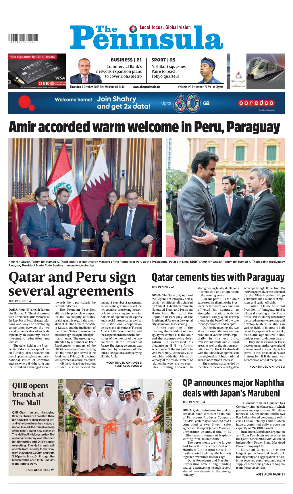 Amir Accorded Warm Welcome in Peru, Paraguay