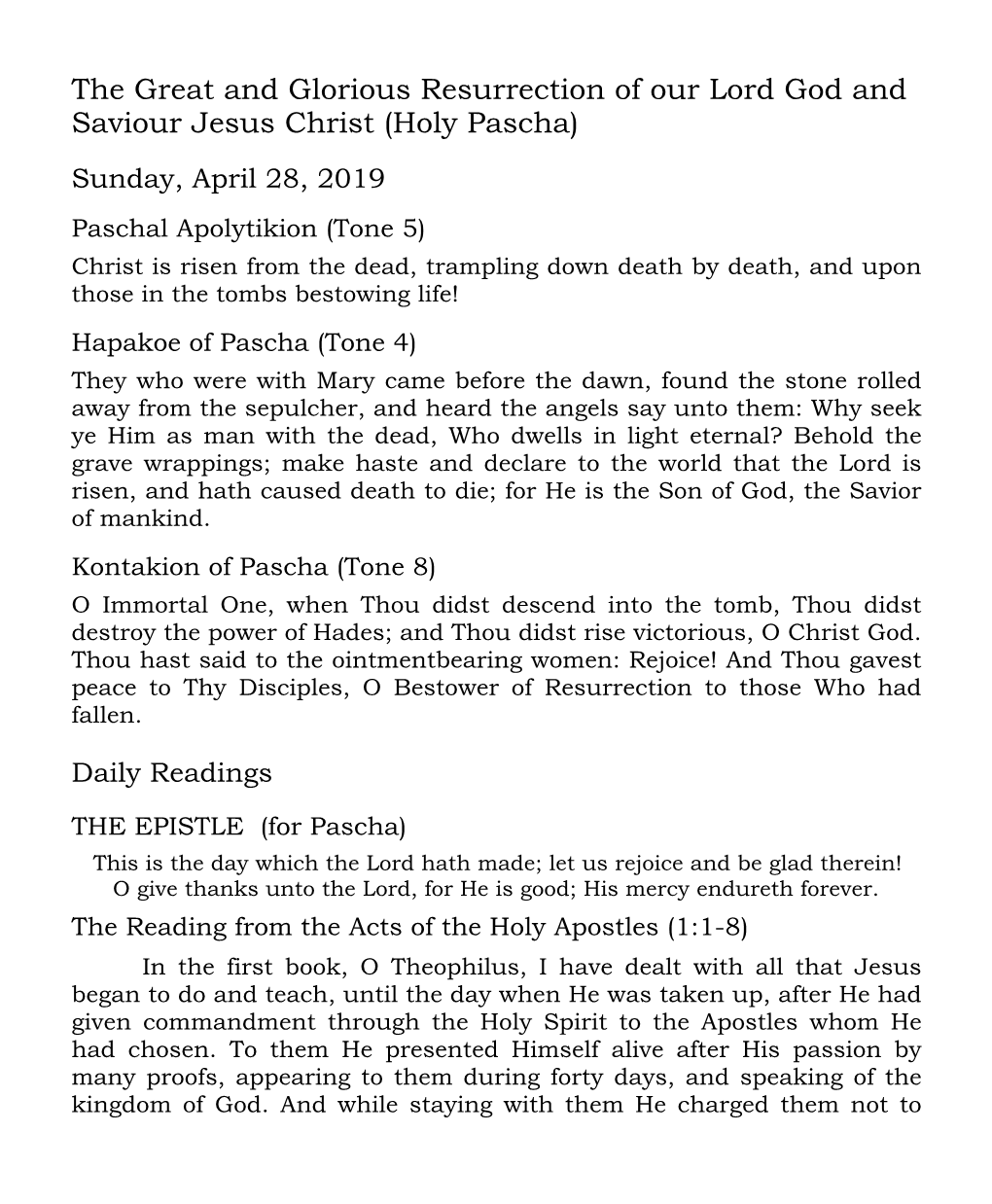 Bulletin for Holy Pascha 2019