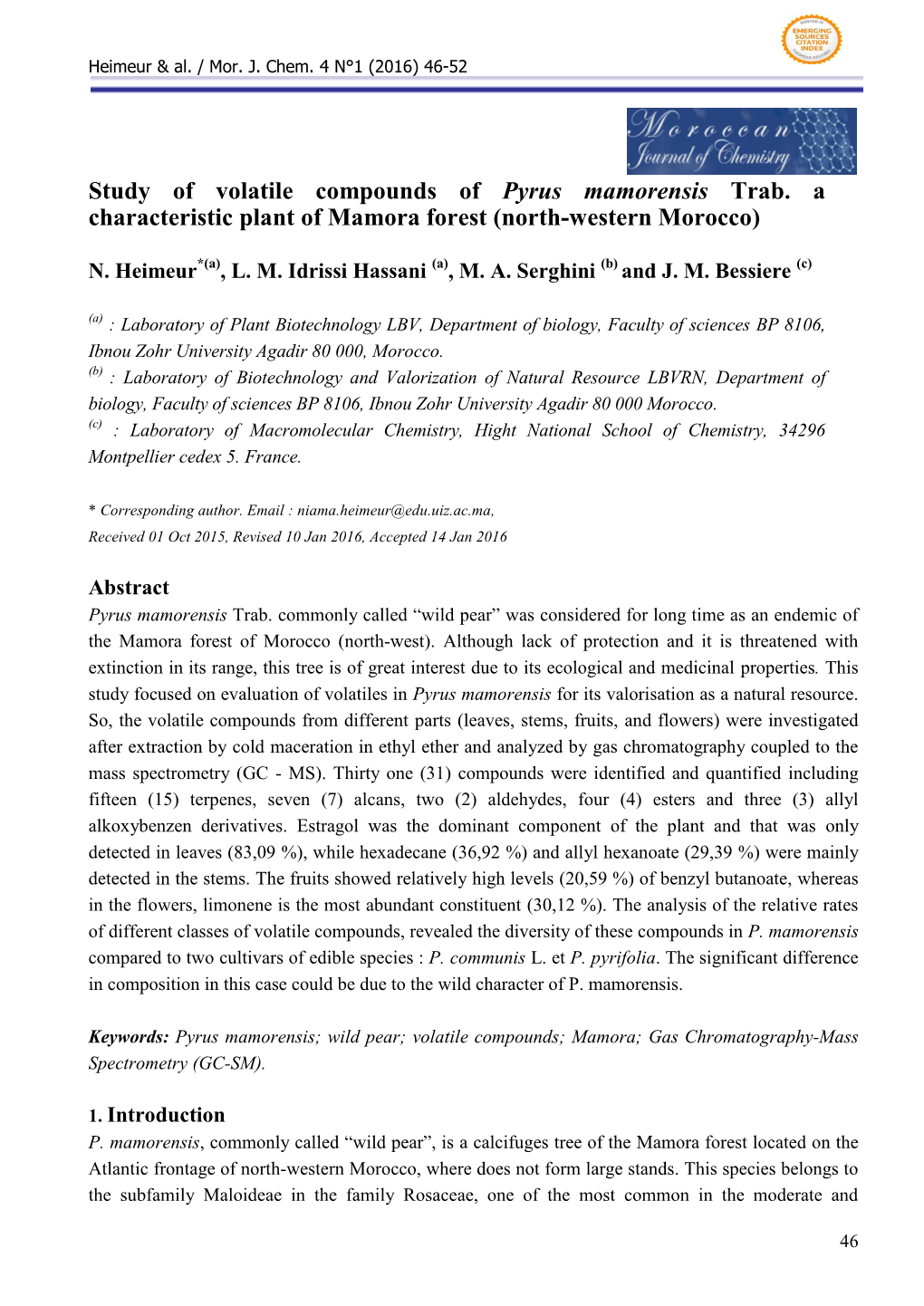 STUDY of VOLATILE COMPOUNDS of PYRUS MAMORENSIS (Trab