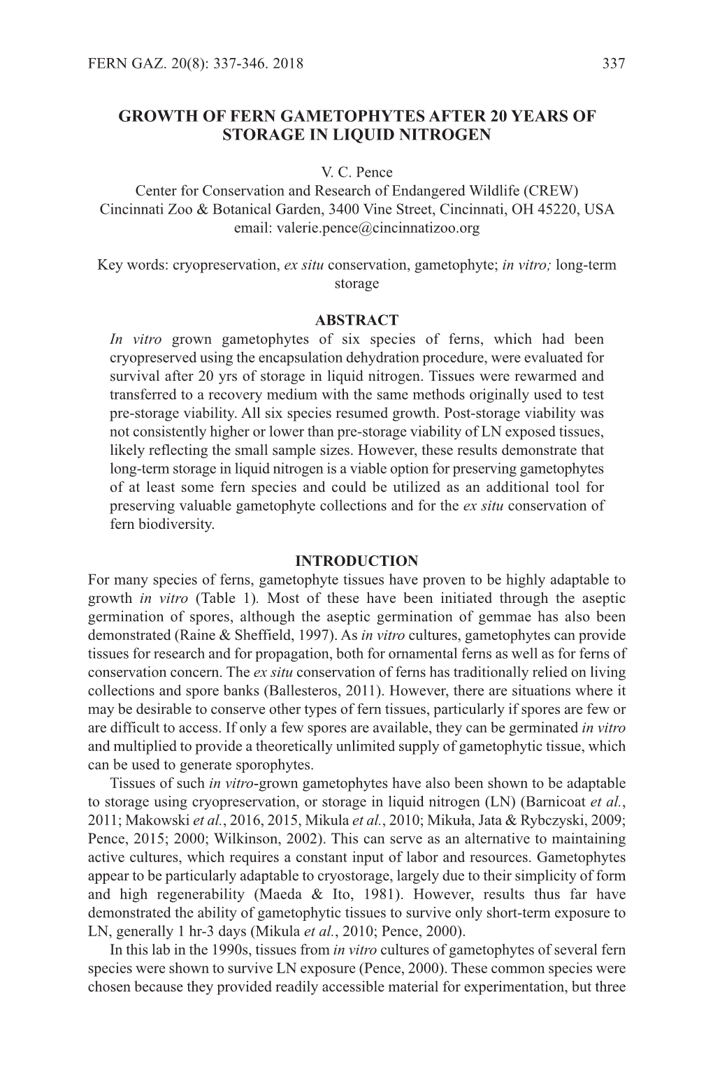 Growth of Fern Gametophytes After 20 Years of Storage in Liquid Nitrogen