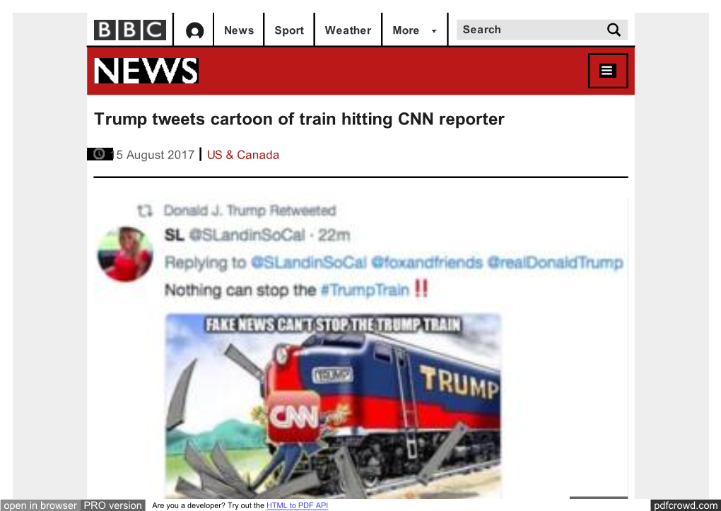Trump Tweets Cartoon of Train Hitting CNN Reporter