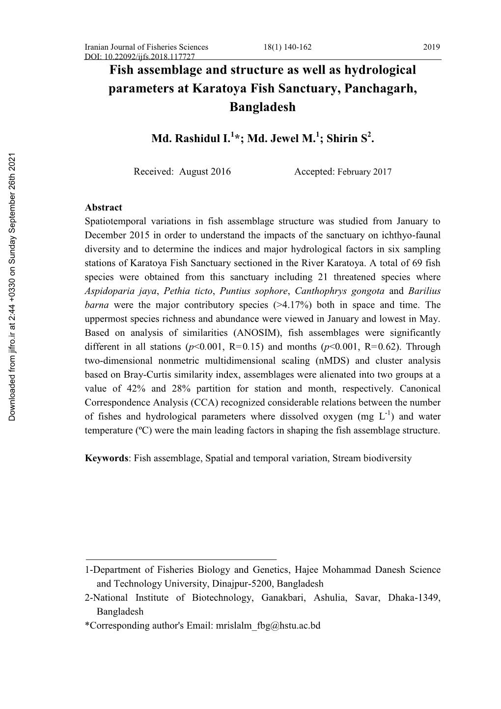 Fish Assemblage and Structure As Well As Hydrological Parameters at Karatoya Fish Sanctuary, Panchagarh, Bangladesh