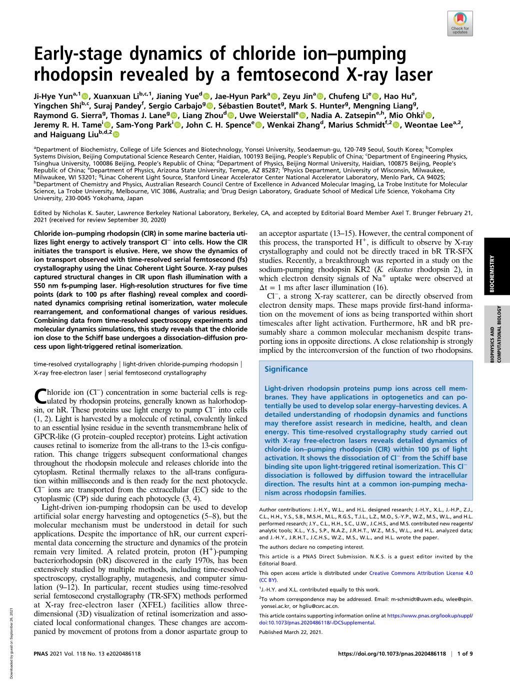 Early-Stage Dynamics of Chloride Ion–Pumping Rhodopsin Revealed by a Femtosecond X-Ray Laser