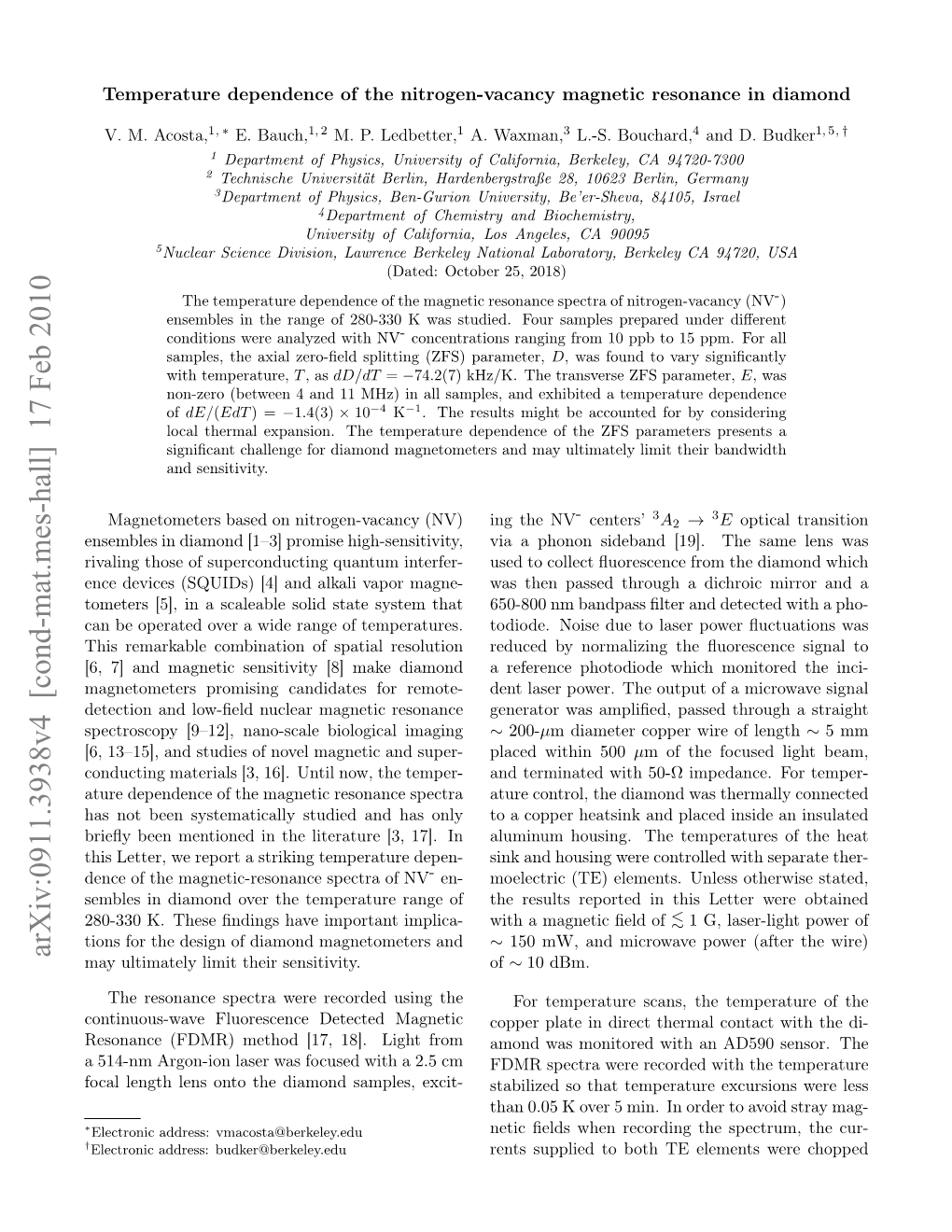 Arxiv:0911.3938V4 [Cond-Mat.Mes-Hall] 17 Feb 2010 May Ultimately Limit Their Sensitivity