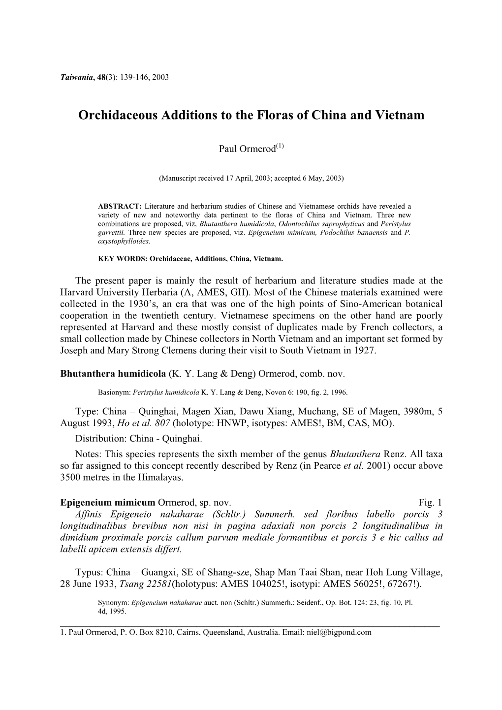 Orchidaceous Additions to the Floras of China and Vietnam