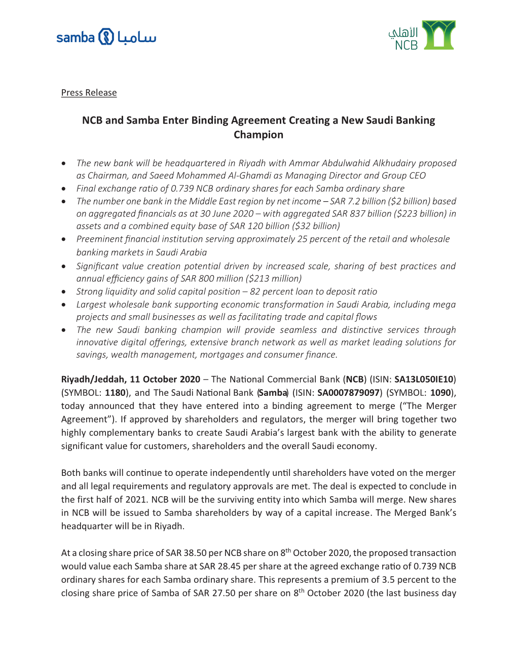 NCB and Samba Enter Binding Agreement Creating a New Saudi Banking Champion