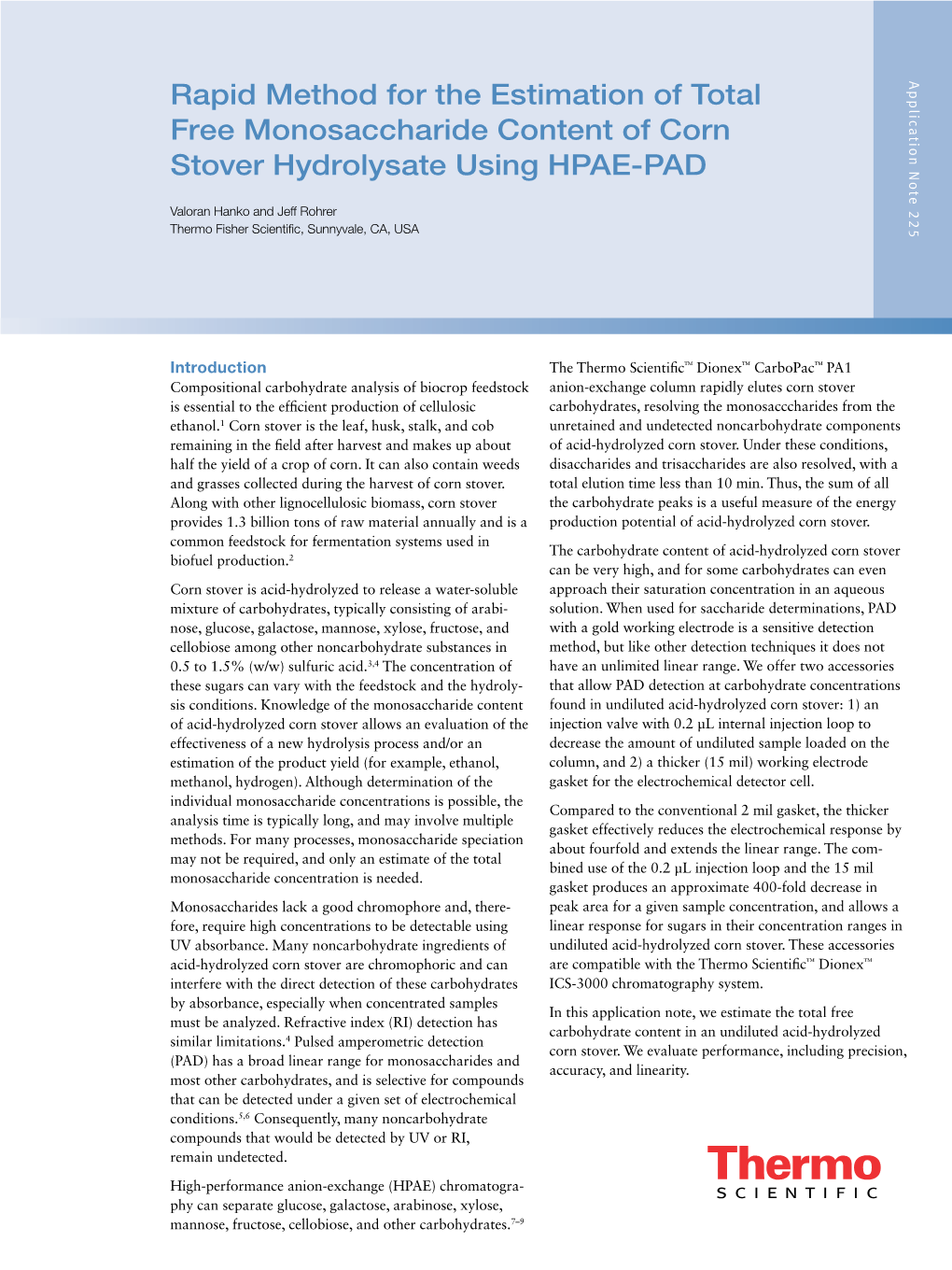 Rapid Method for the Estimation of Total Free Monosaccharide Content of Corn Stover Hydrolysate Using HPAE-PAD