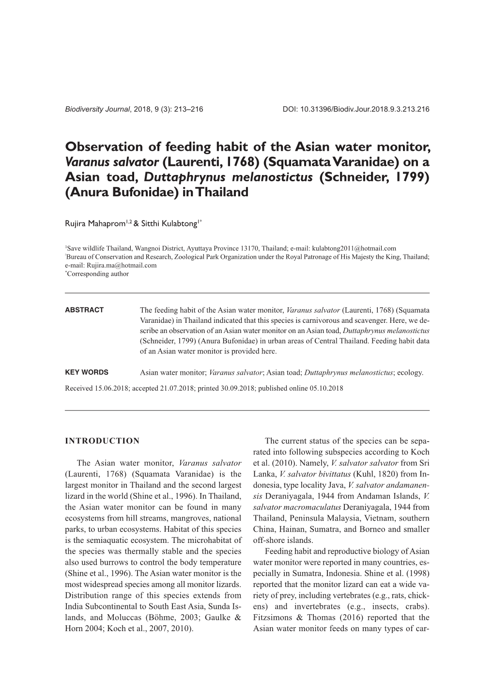 Observation of Feeding Habit of the Asian Water Monitor, Varanus Salvator