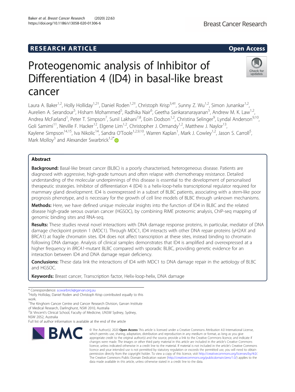 Proteogenomic Analysis of Inhibitor of Differentiation 4 (ID4) in Basal-Like Breast Cancer Laura A