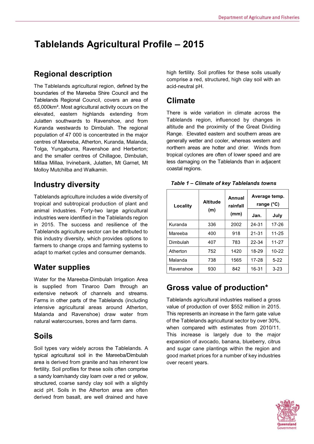 Tablelands Agricultural Profile 2015