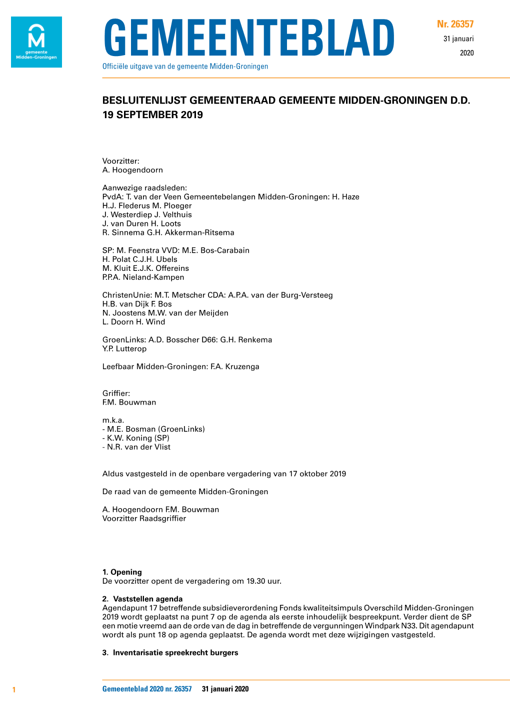 Besluitenlijst Gemeenteraad Gemeente Midden-Groningen D.D