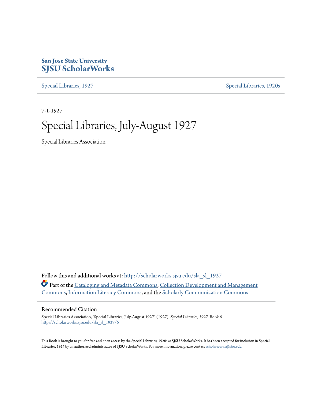 Special Libraries, July-August 1927 Special Libraries Association