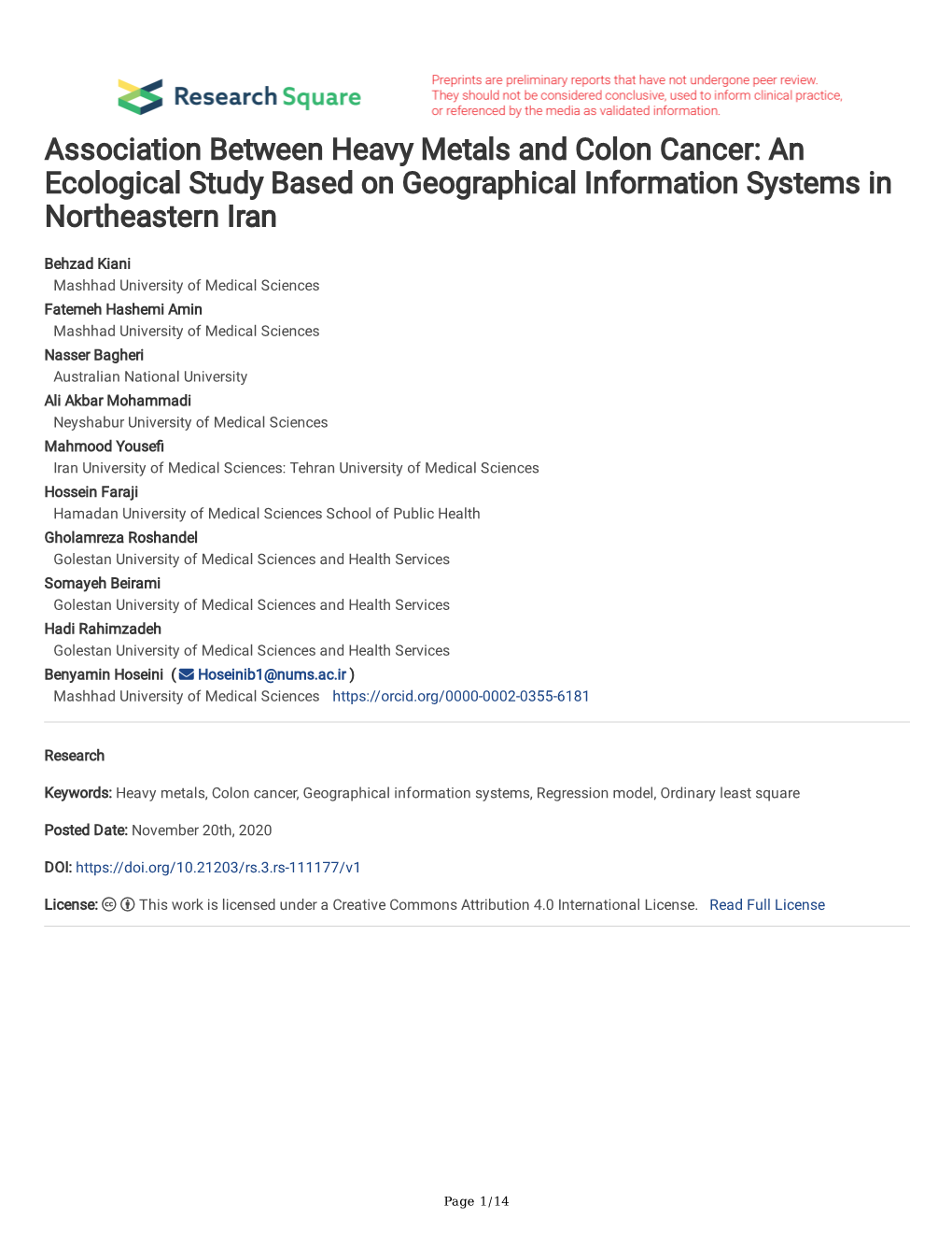 Association Between Heavy Metals and Colon Cancer: an Ecological Study Based on Geographical Information Systems in Northeastern Iran