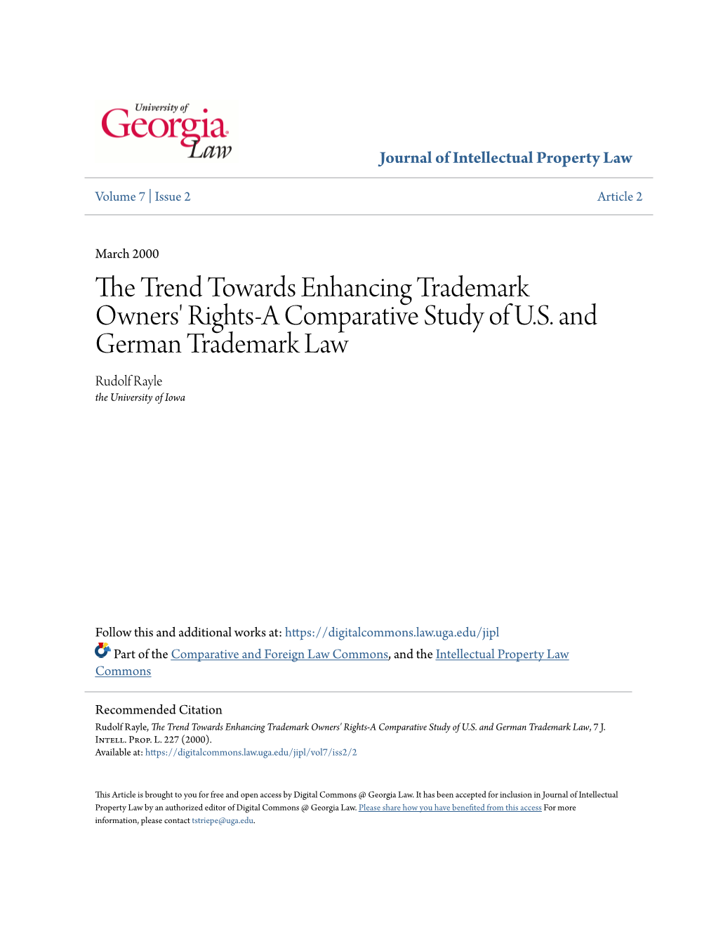 The Trend Towards Enhancing Trademark Owners' Rights-A Comparative Study of U.S. and German Trademark Law, 7 J