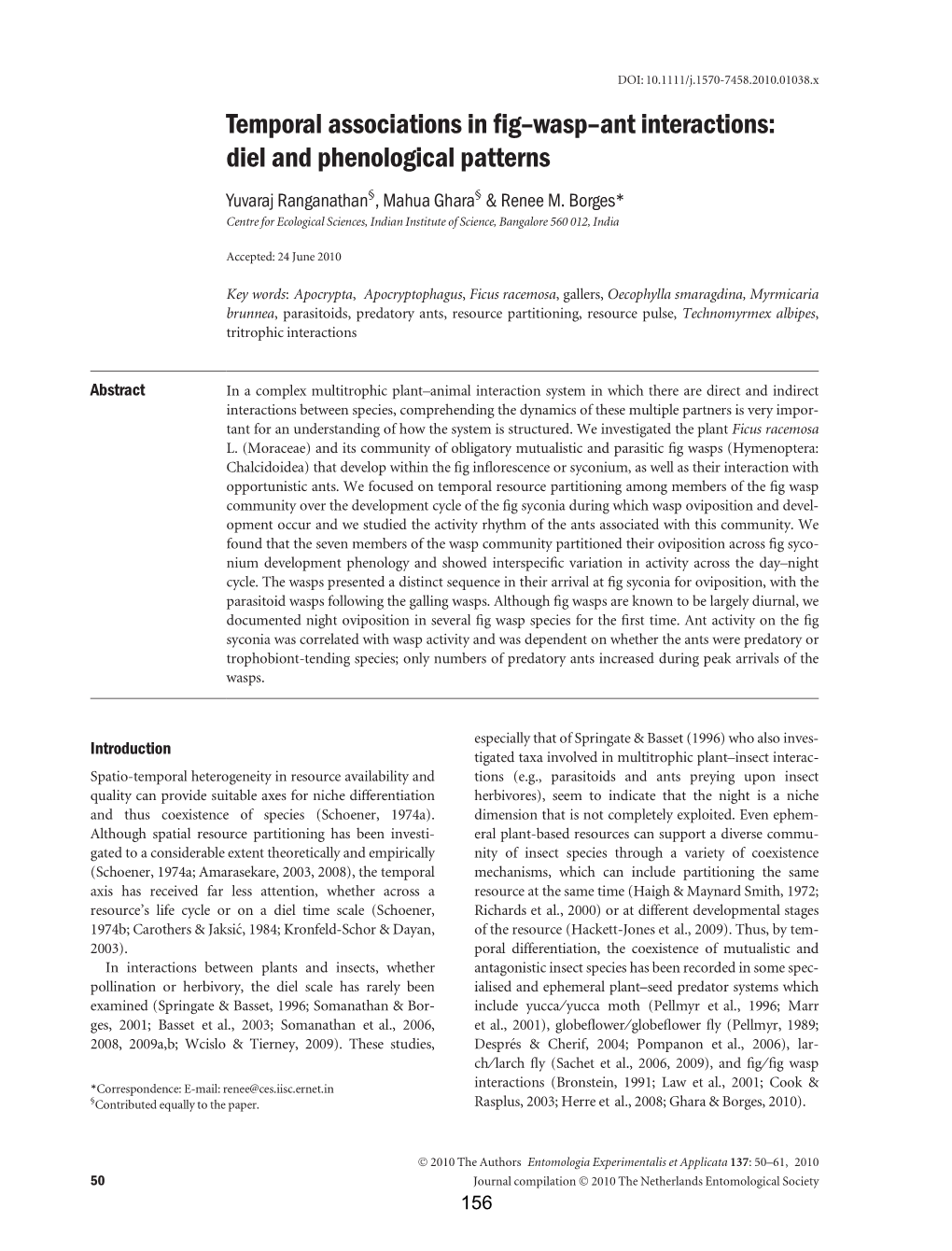 Temporal Associations in Fig–Wasp–Ant Interactions