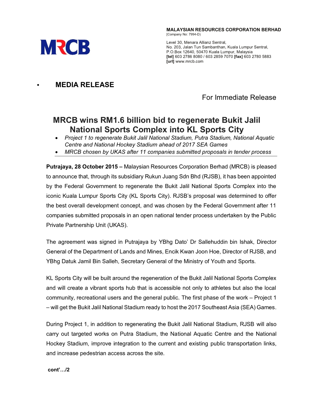 MRCB Wins RM1.6 Billion Bid to Regenerate Bukit Jalil National