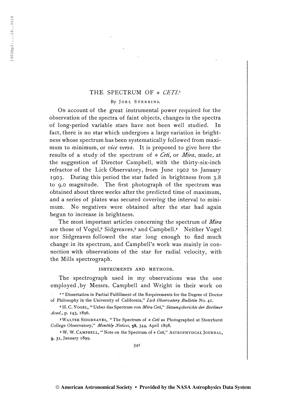 1903Apj 18. .3415 the SPECTRUM of O CETL' by Joel Stebbins. On