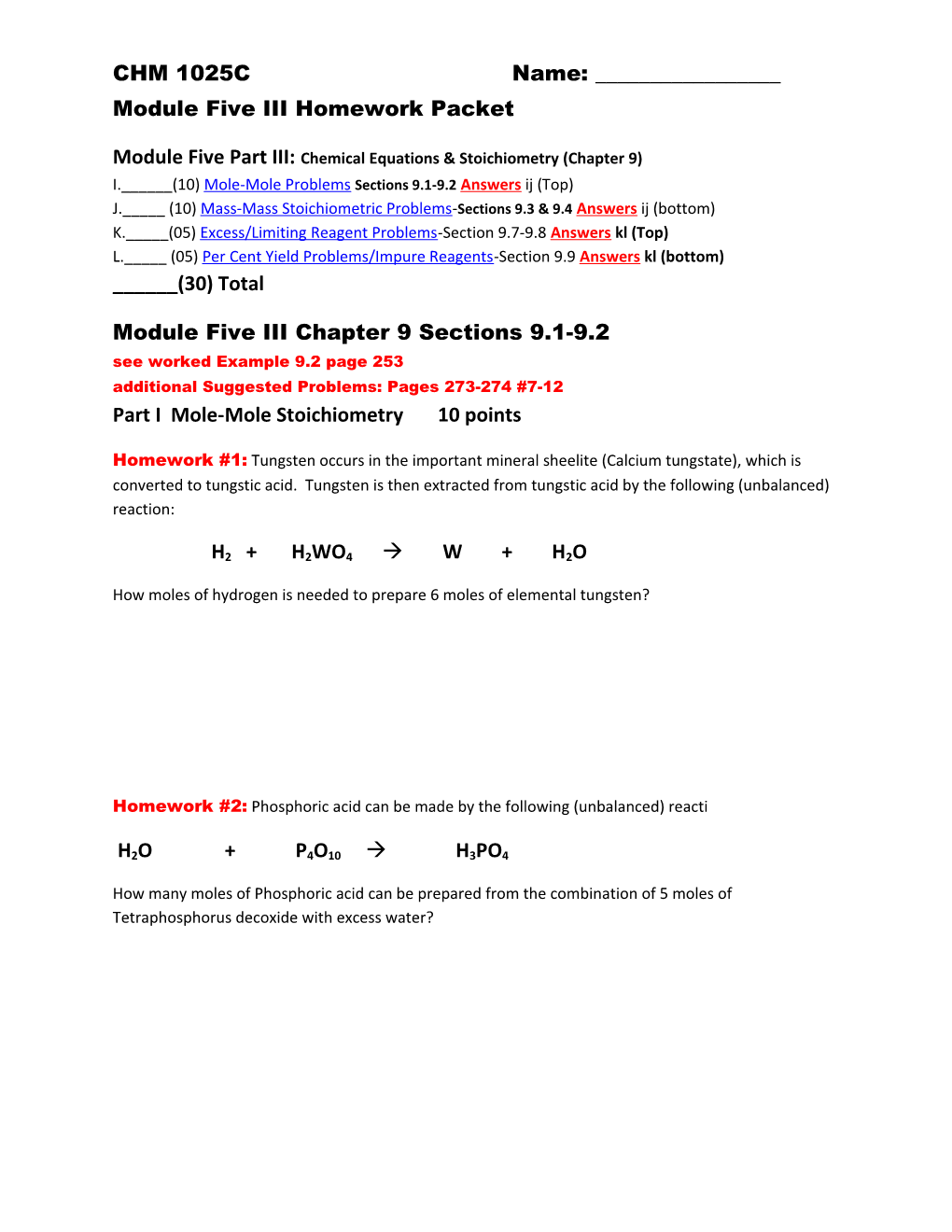 Module Five Part III: Chemical Equations & Stoichiometry (Chapter 9)