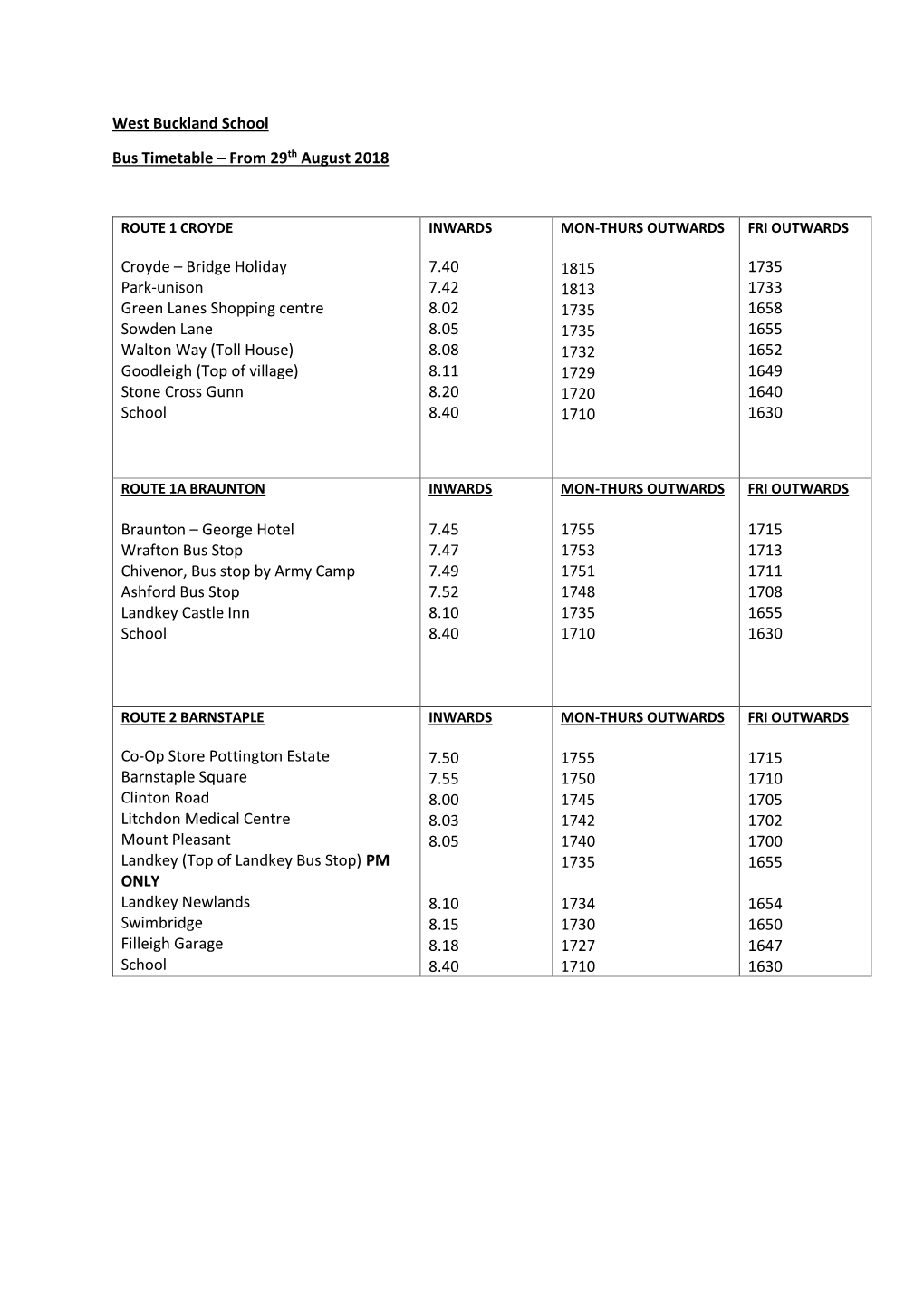 West Buckland School Bus Timetable – from 29Th August 2018 Croyde