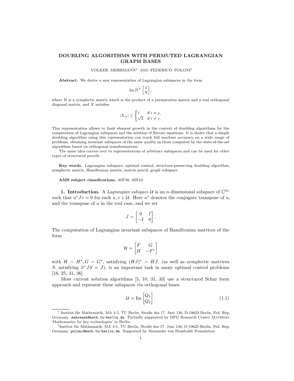 Doubling Algorithms with Permuted Lagrangian Graph Bases