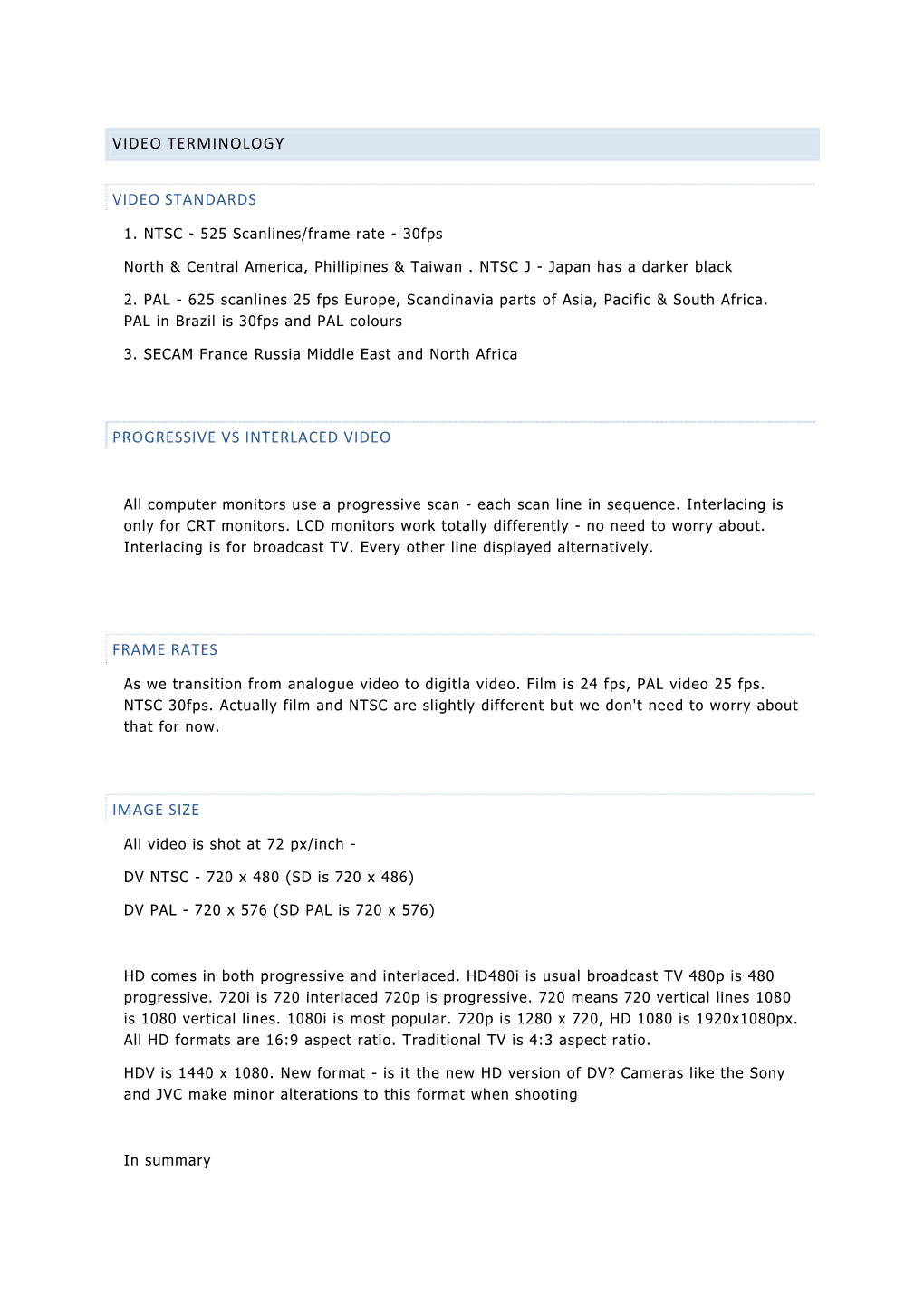 Video Terminology Video Standards Progressive Vs