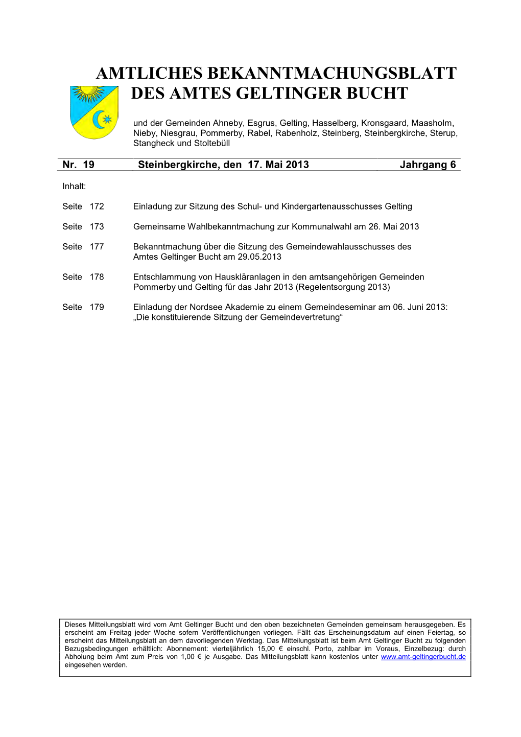 Amtliches Bekanntmachungsblatt Des Amtes Geltinger Bucht Nr. 19/2013