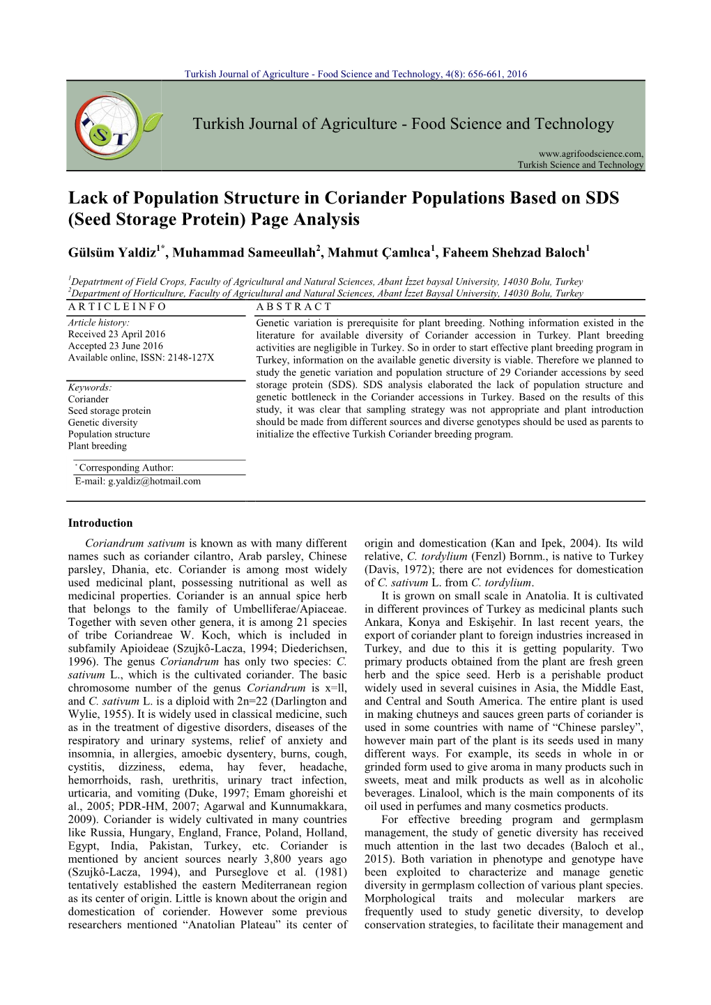 Lack of Population Structure in Coriander Populations Based on SDS (Seed Storage Protein) Page Analysis