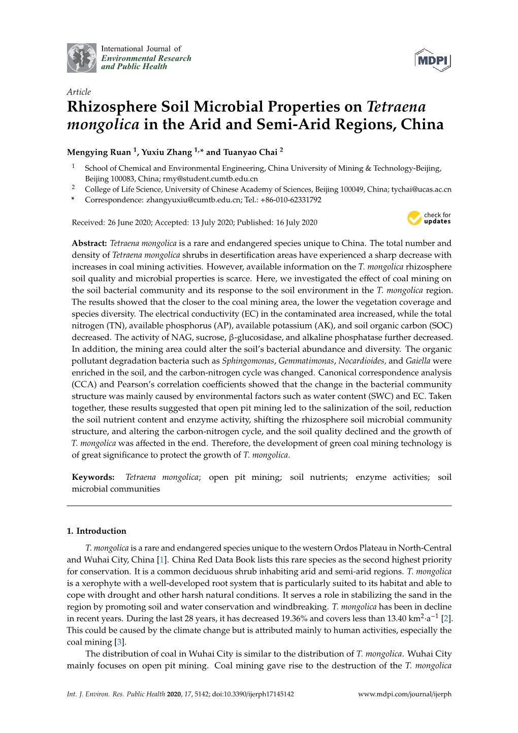 Rhizosphere Soil Microbial Properties on Tetraena Mongolica in the Arid and Semi-Arid Regions, China