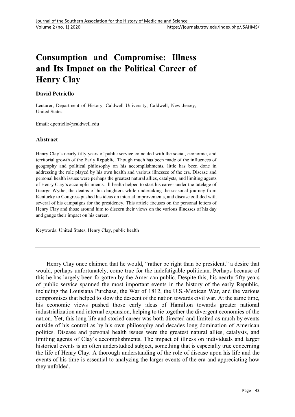 Consumption and Compromise: Illness and Its Impact on the Political Career of Henry Clay