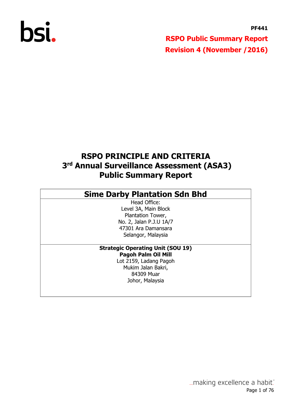(ASA3) Public Summary Report Sime Darby Plantation Sdn