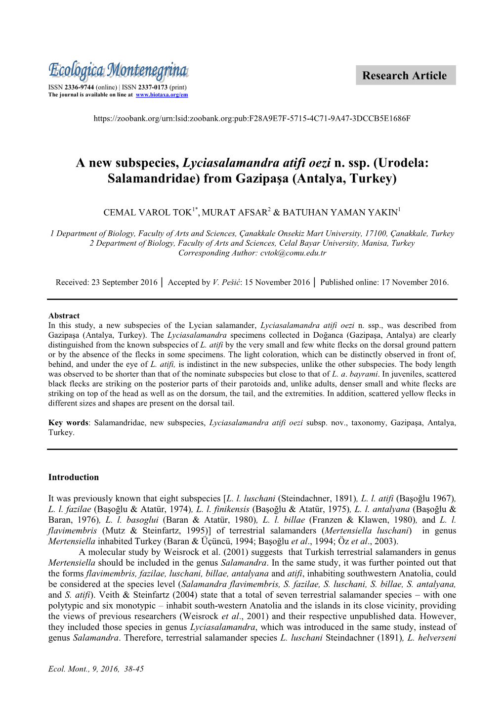 A New Subspecies, Lyciasalamandra Atifi Oezi N. Ssp. (Urodela: Salamandridae) from Gazipaşa (Antalya, Turkey)