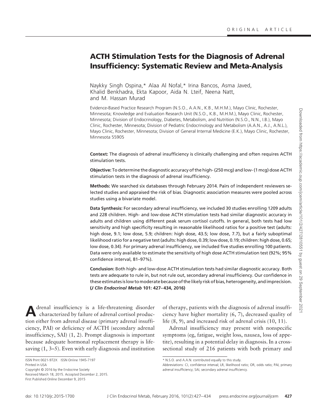 ACTH Stimulation Tests for the Diagnosis of Adrenal Insufficiency: Systematic Review and Meta-Analysis