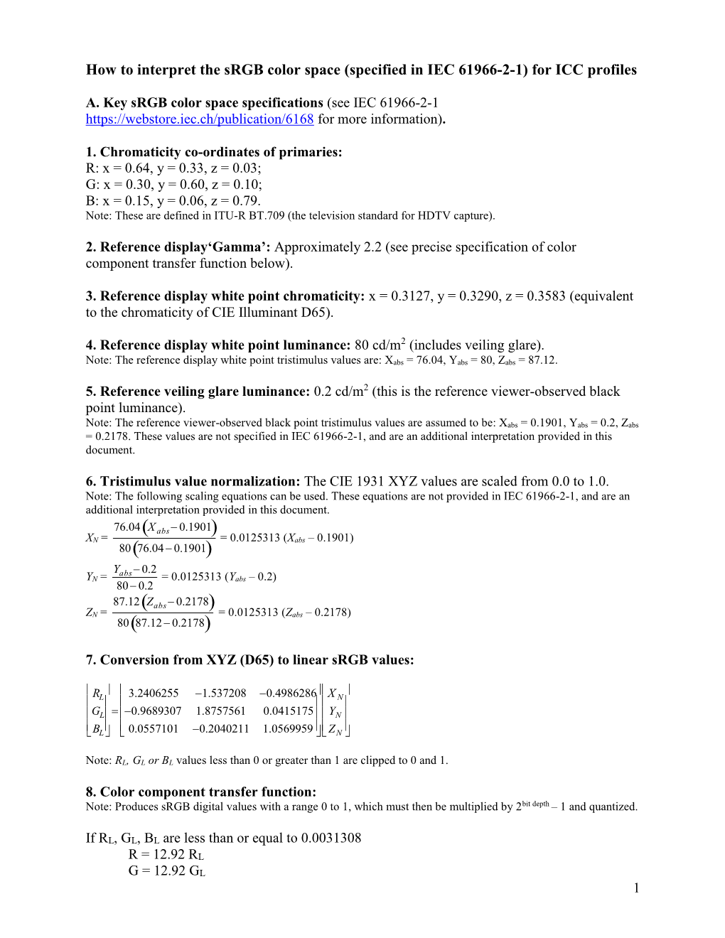 Specification of Srgb