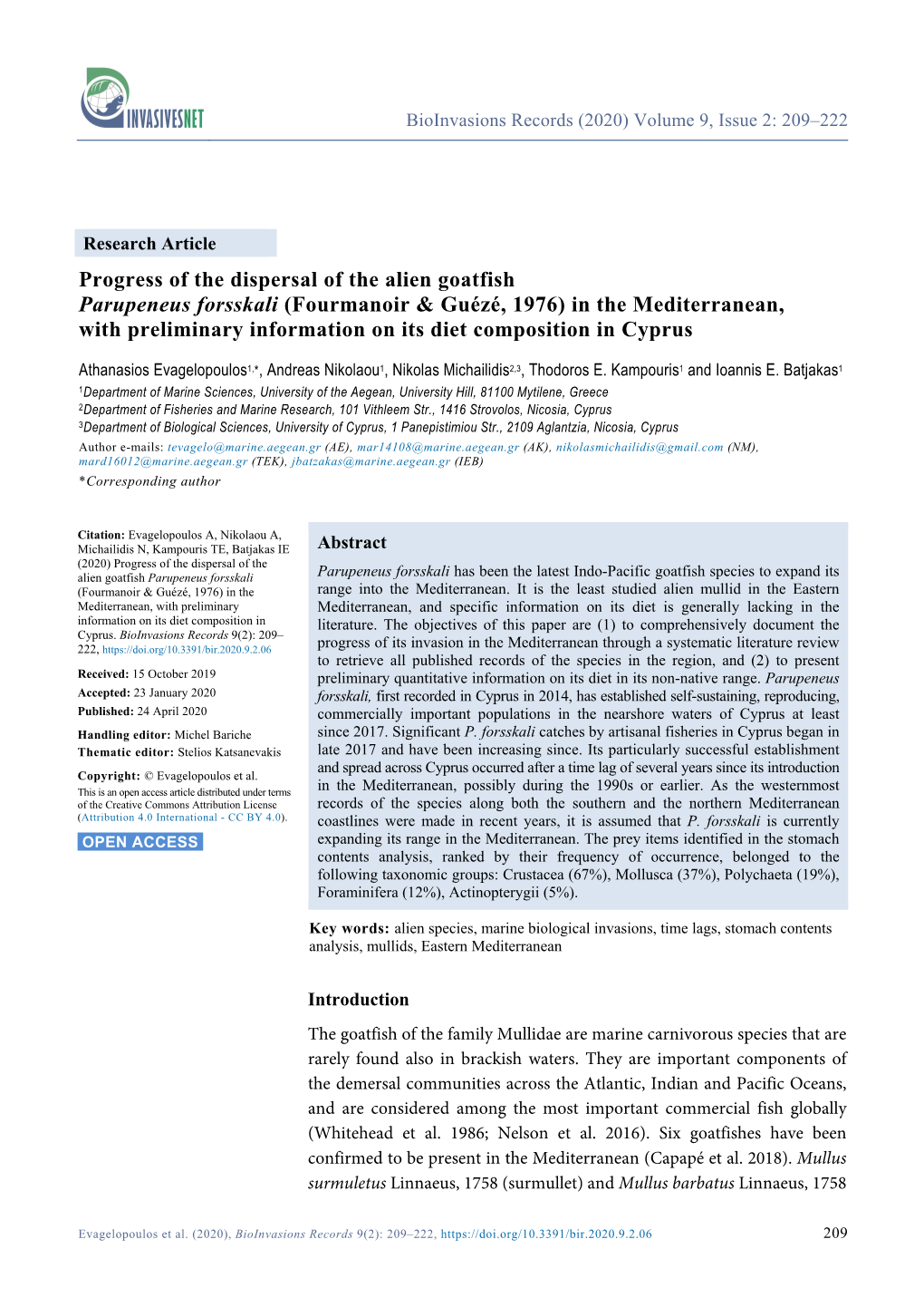 Parupeneus Forsskali (Fourmanoir & Guézé, 1976) in the Mediterranean, with Preliminary Information on Its Diet Composition in Cyprus