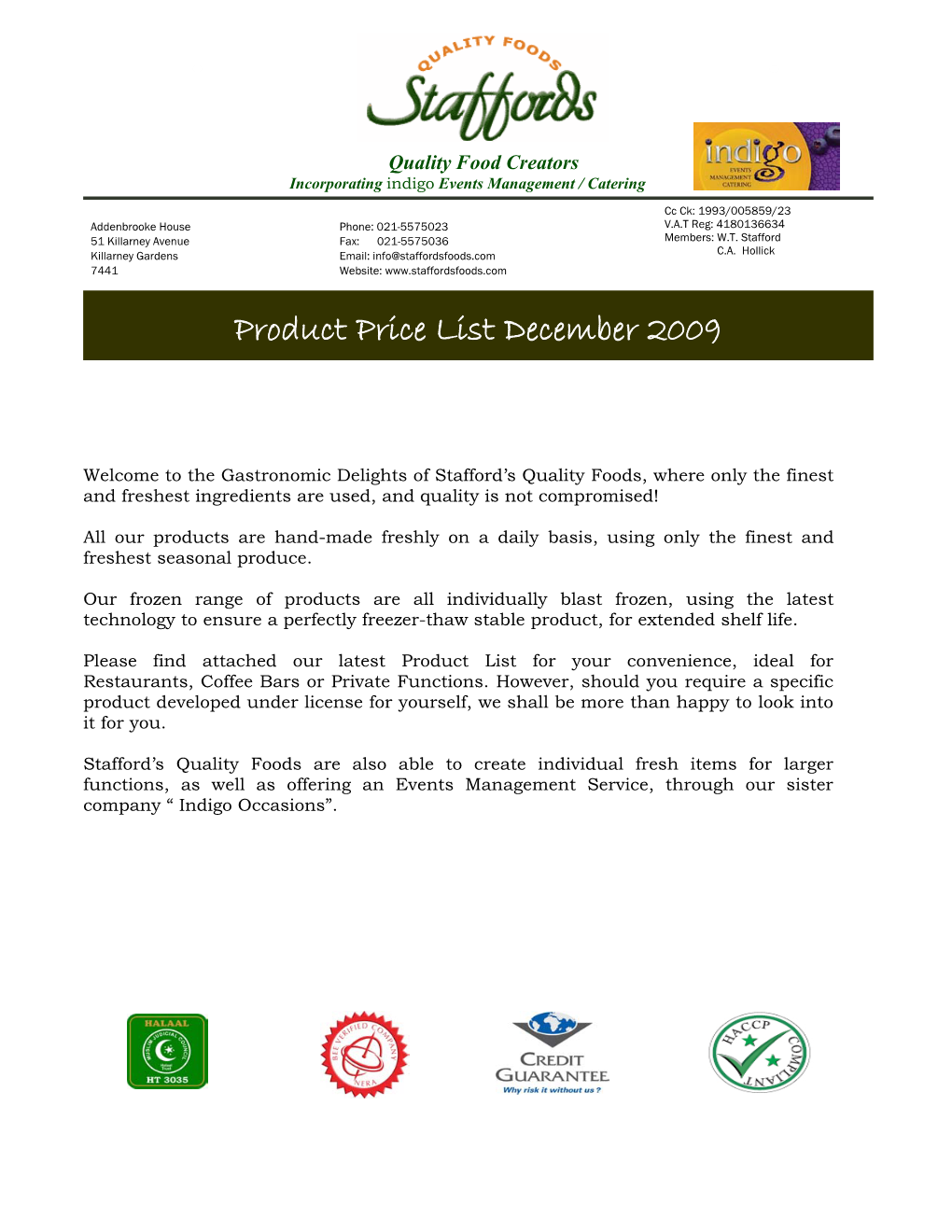 Product Price List December 2009