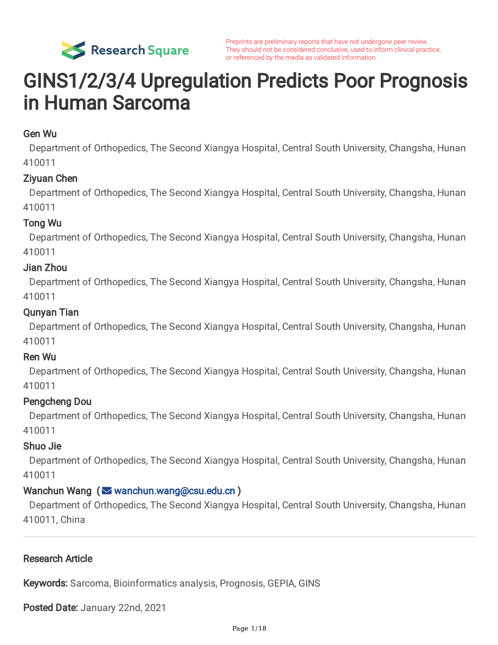 GINS1/2/3/4 Upregulation Predicts Poor Prognosis in Human Sarcoma