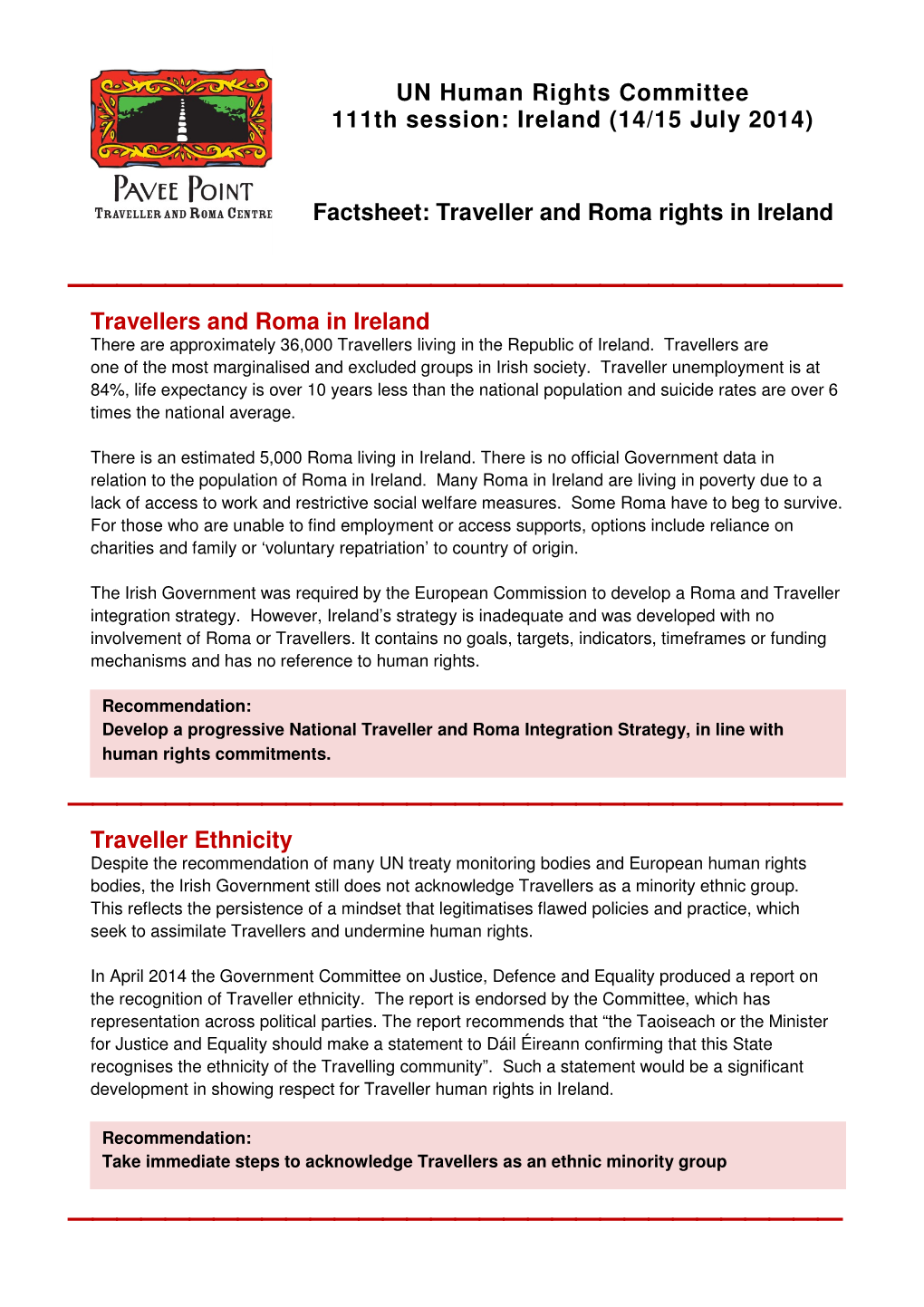 Pavee Point Fact Sheet for ICCPR