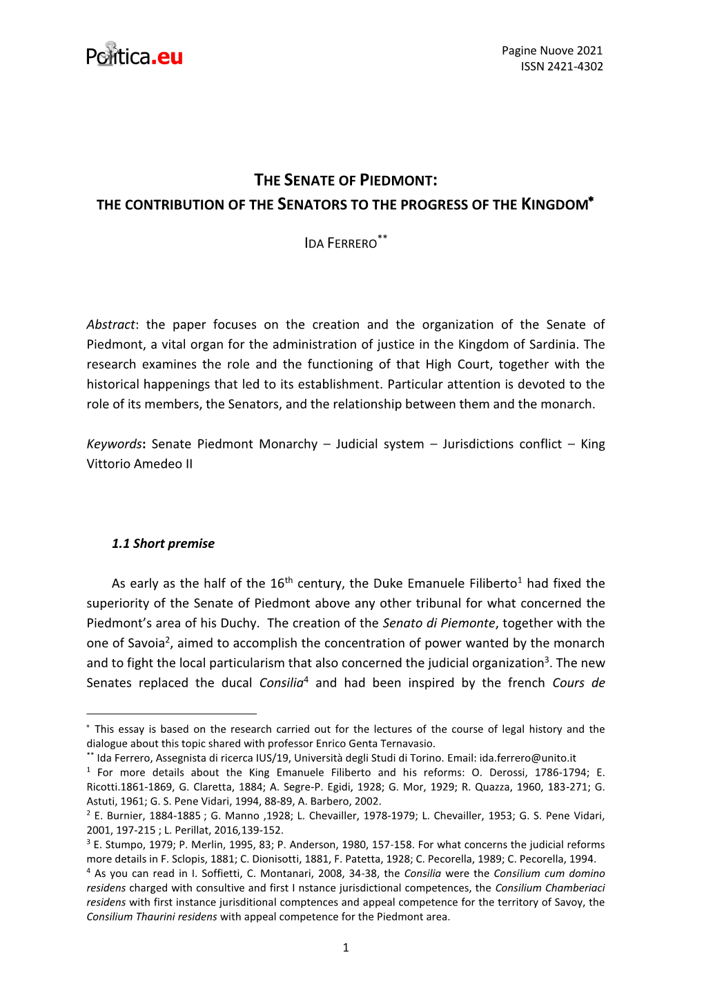 The Senate of Piedmont: the Contribution of the Senators to the Progress of the Kingdom