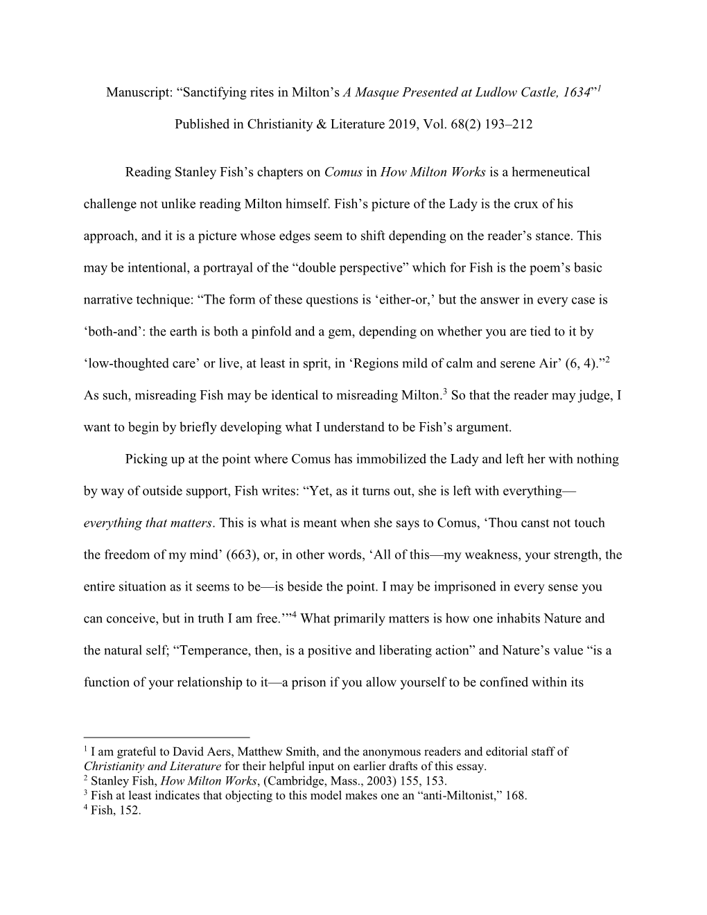 Manuscript: “Sanctifying Rites in Milton's a Masque Presented at Ludlow Castle, 1634”