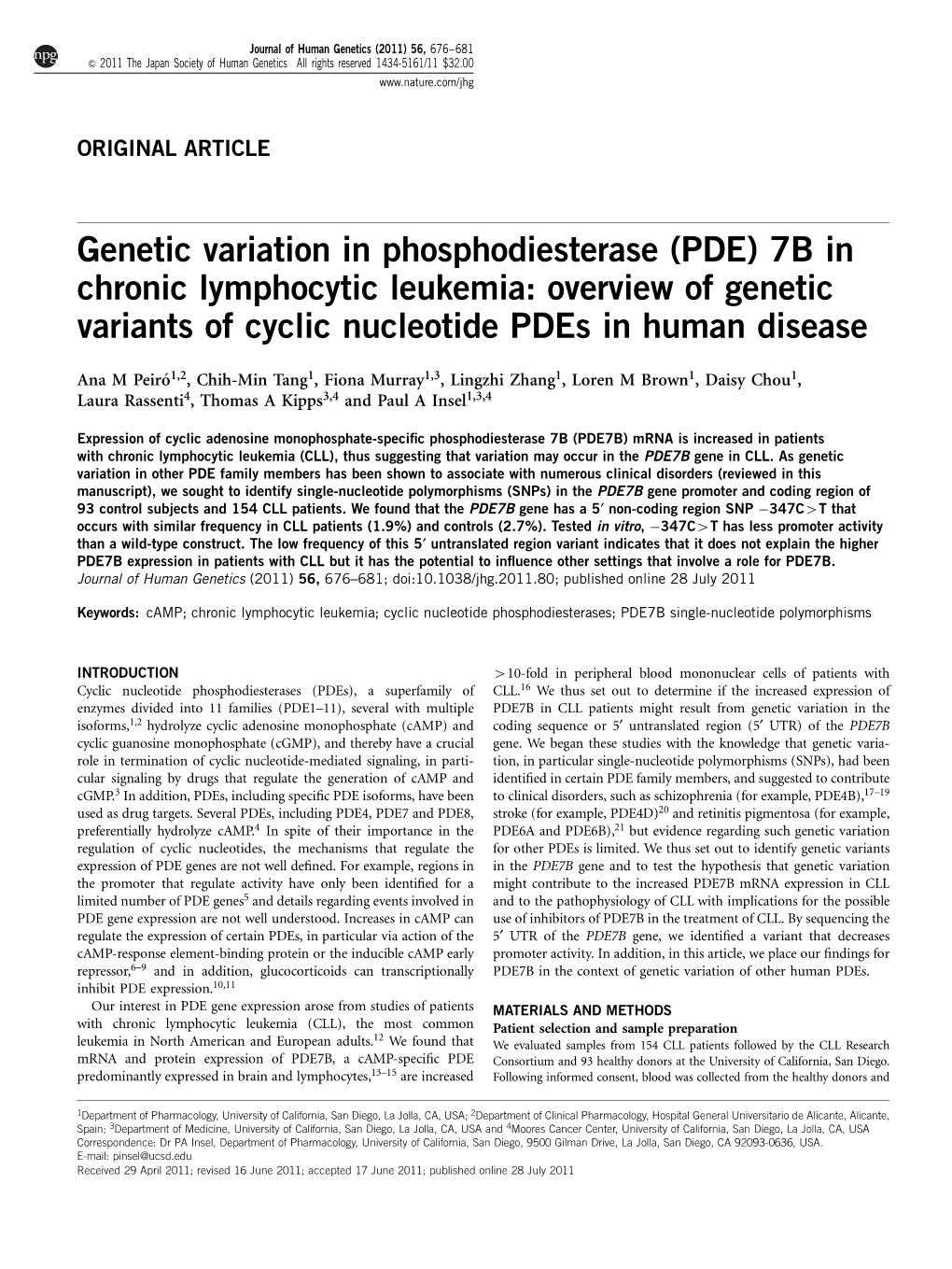 Genetic Variation in Phosphodiesterase (PDE) 7B in Chronic Lymphocytic Leukemia: Overview of Genetic Variants of Cyclic Nucleotide Pdes in Human Disease