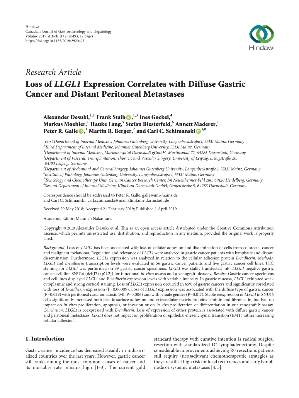 Research Article Loss of LLGL1 Expression Correlates with Diffuse Gastric Cancer and Distant Peritoneal Metastases