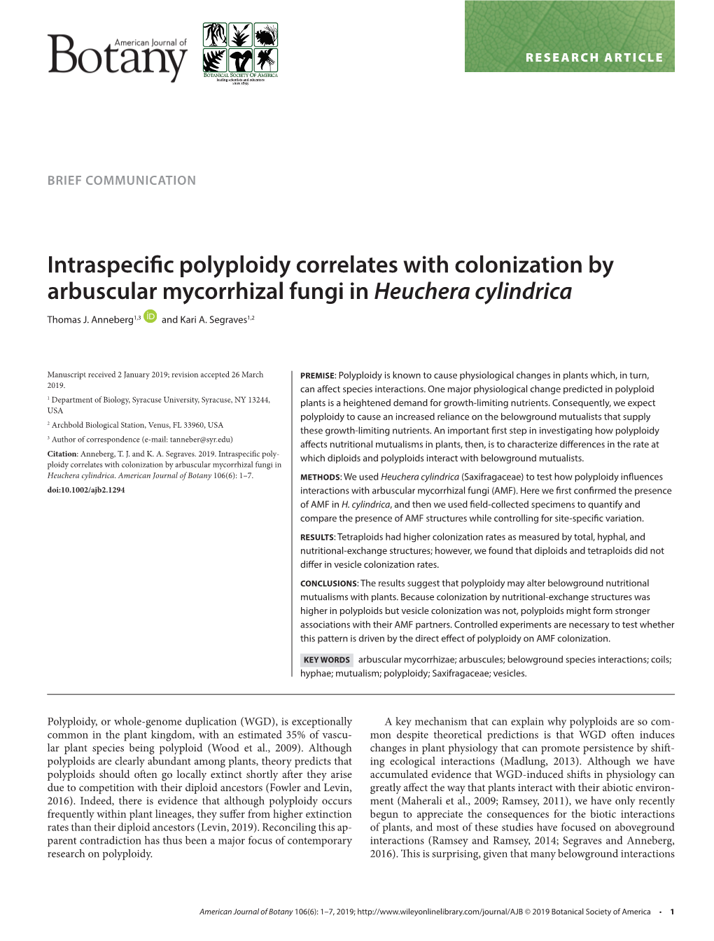 Intraspecific Polyploidy Correlates with Colonization by Arbuscular Mycorrhizal Fungi in Heuchera Cylindrica