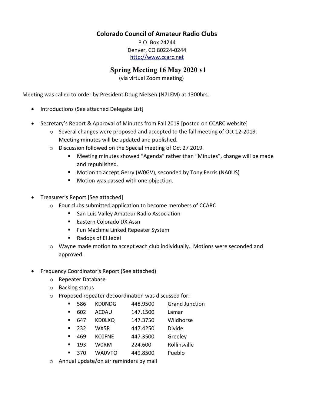 Colorado Council of Amateur Radio Clubs Spring Meeting 16 May 2020