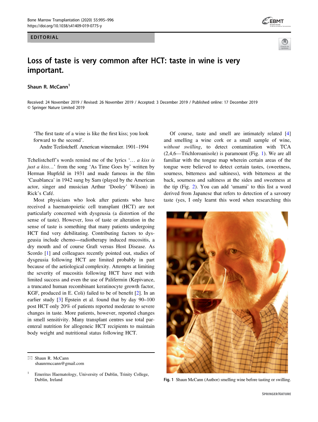 Loss of Taste Is Very Common After HCT: Taste in Wine Is Very Important