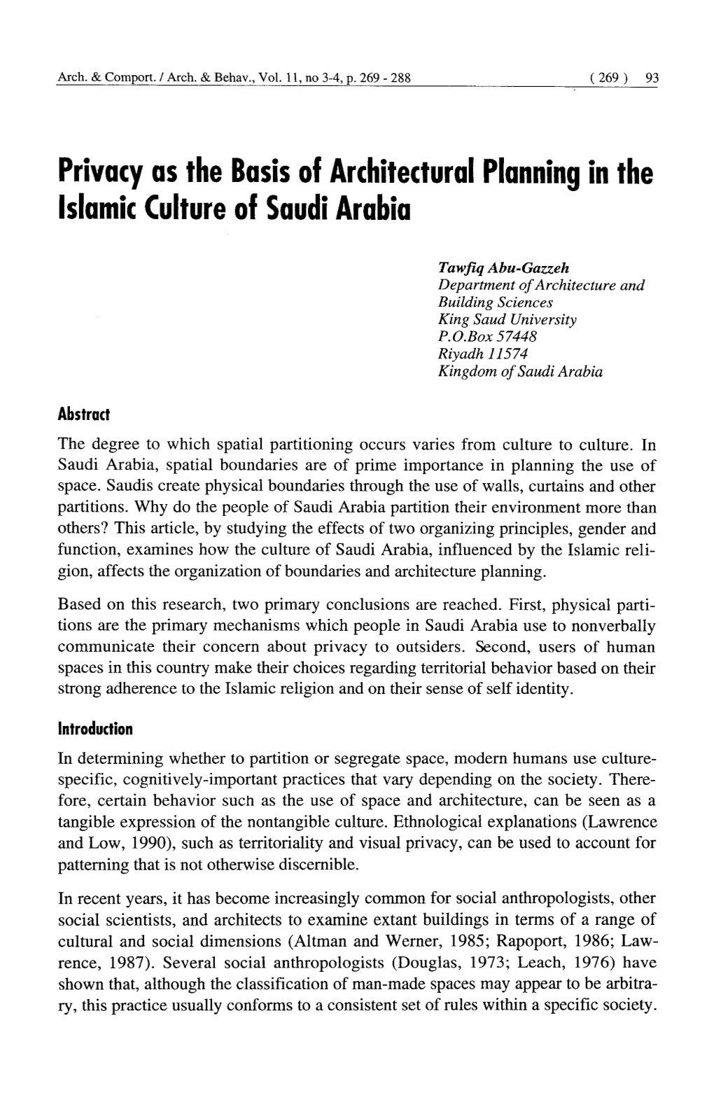 Privacy As the Basis of Architectural Planning in the Islamic Culture of Saudi Arabia