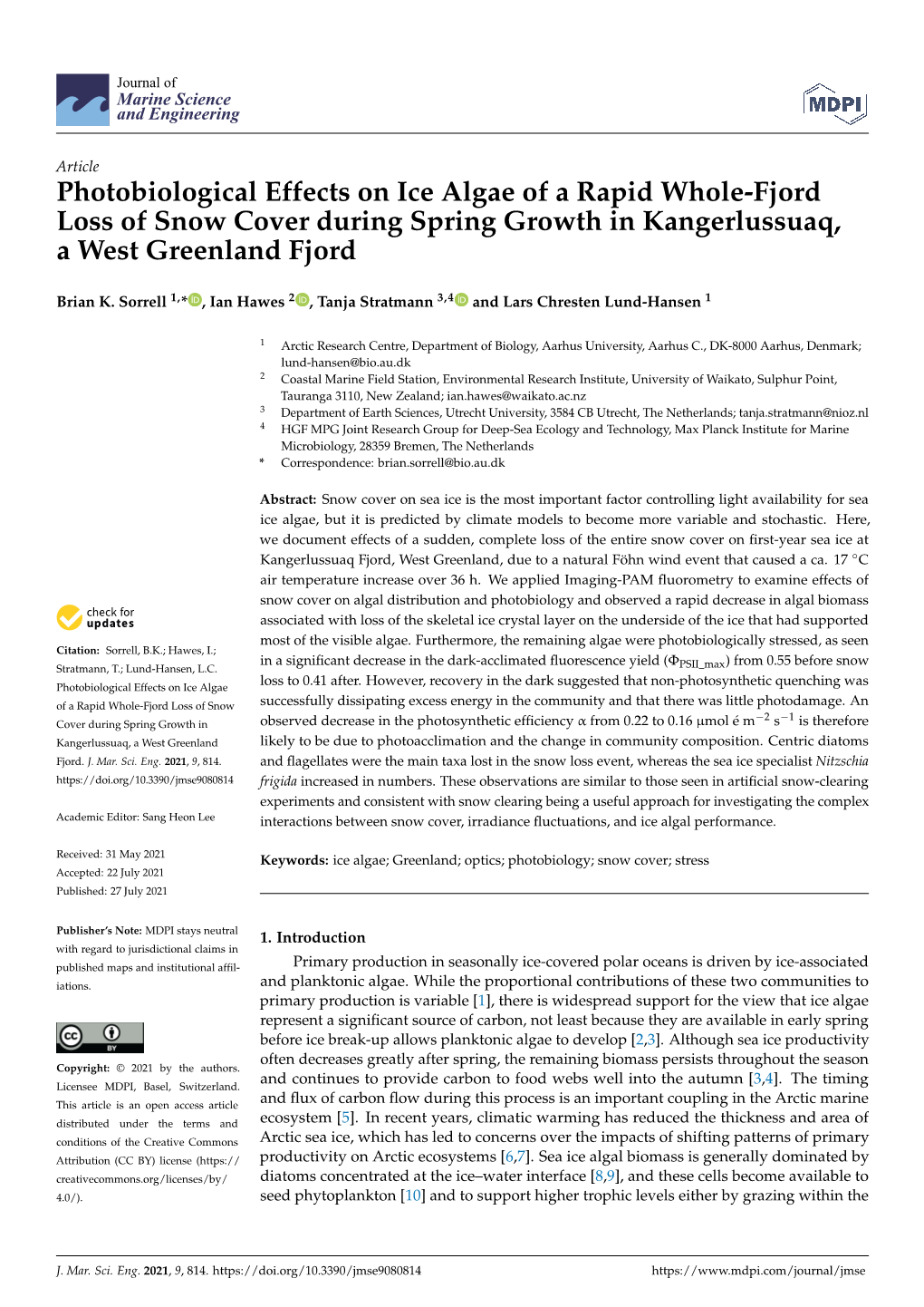 Photobiological Effects on Ice Algae of a Rapid Whole-Fjord Loss of Snow Cover During Spring Growth in Kangerlussuaq, a West Greenland Fjord