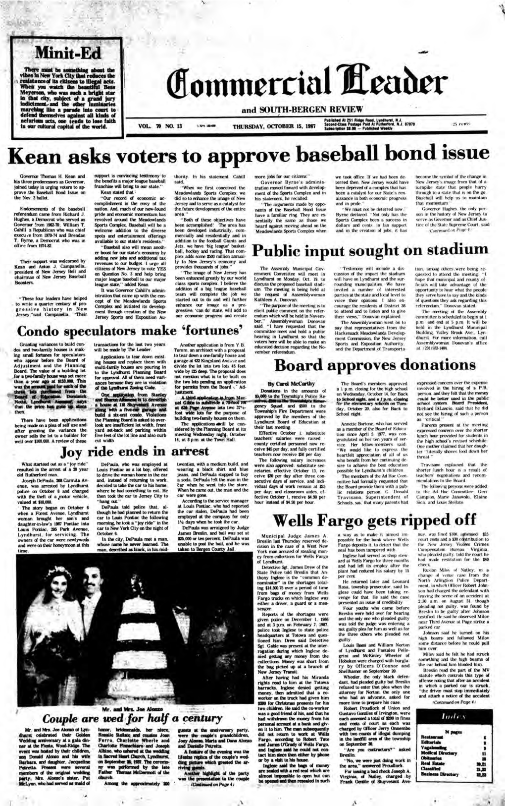 Kean Asks Voters to Approve Baseball Bond Issue