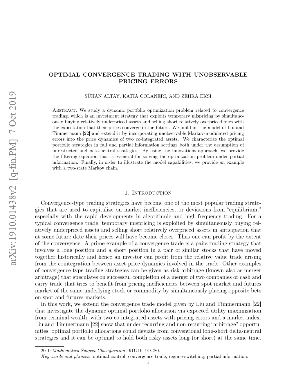 Optimal Convergence Trading with Unobservable Pricing Errors