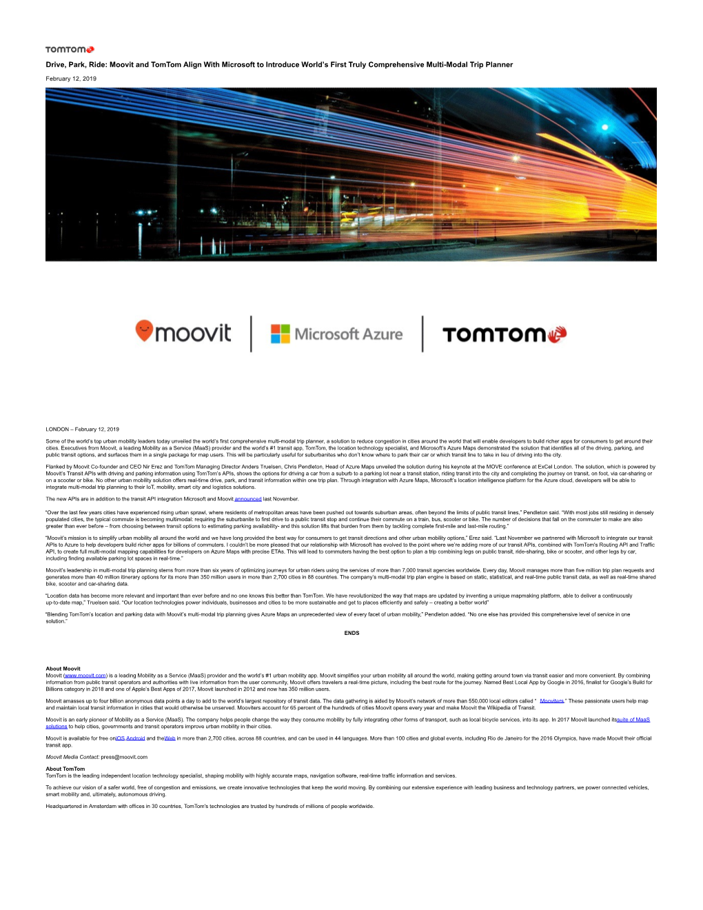 Moovit and Tomtom Align with Microsoft to Introduce World's First