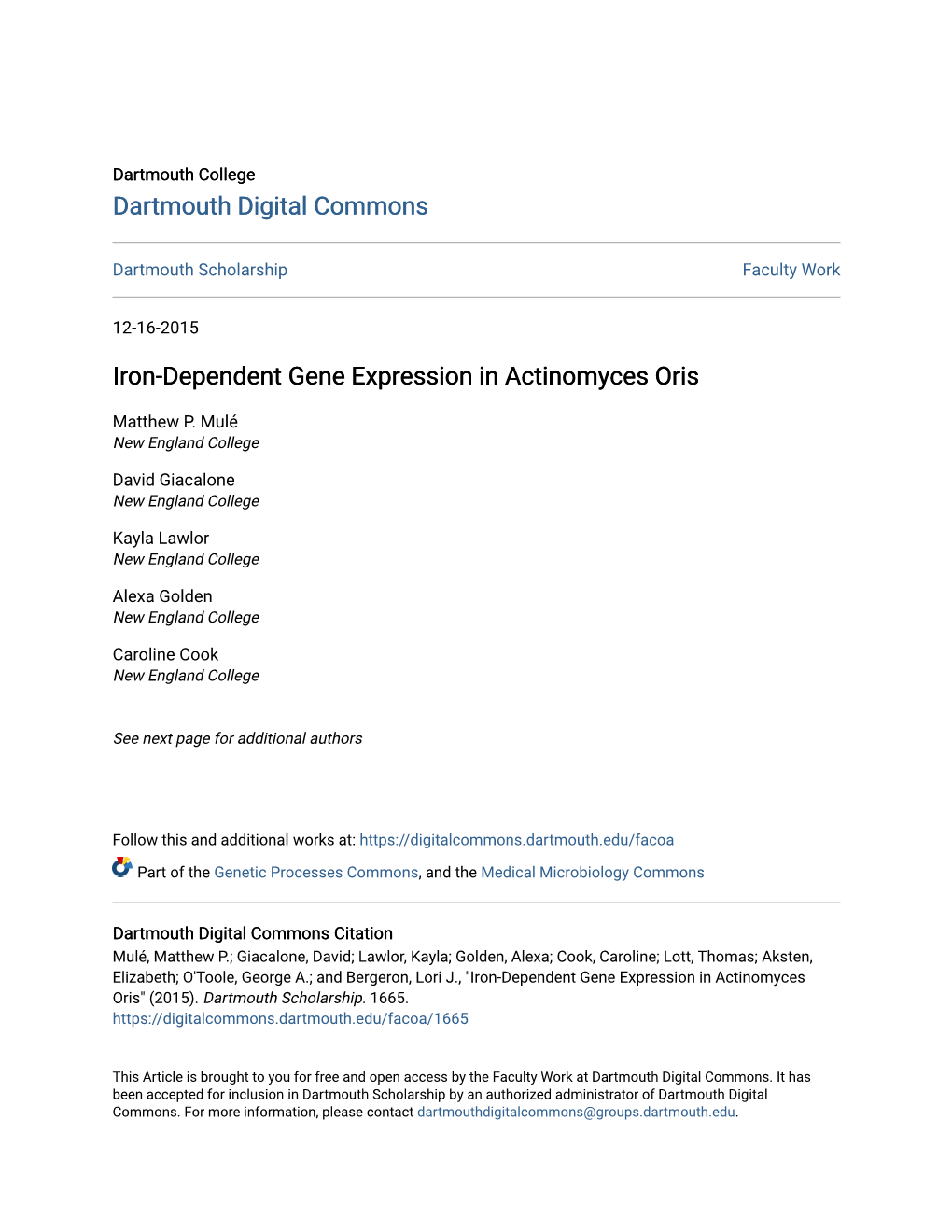 Iron-Dependent Gene Expression in Actinomyces Oris